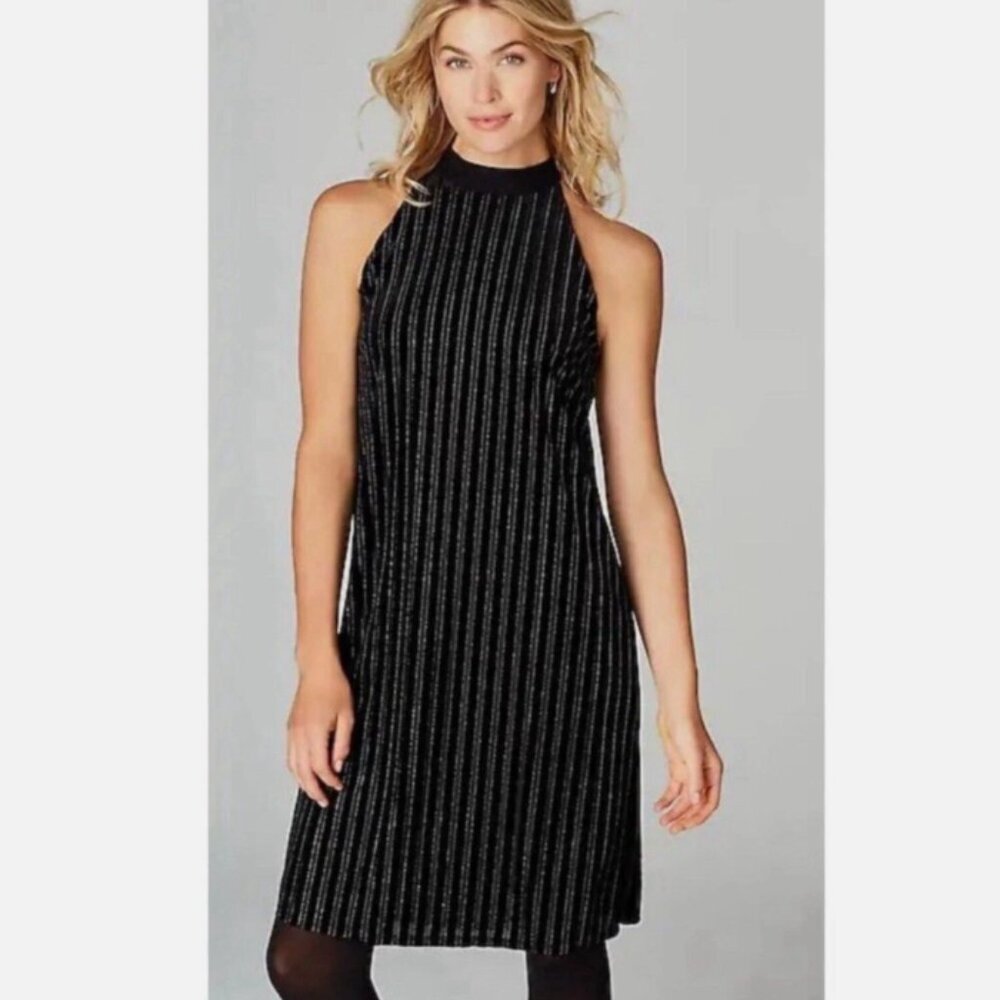J.‎ Jill Women's Black/Gold Lines Velvet Mini Sleeveless Shift Dress Size 1X